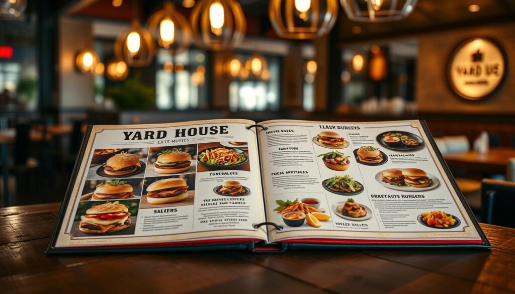 A beautifully arranged Yard House menu open on a rustic wooden table, showcasing a variety of delicious dishes including gourmet burgers, fresh salads, and vibrant appetizers. The menu features an elegant design with food images and enticing descriptions, positioned in the foreground with a blurred background of a cozy, modern restaurant setting, complete with stylish lighting and comfortable seating. The warm, ambient glow from pendant lights above creates an inviting atmosphere, perfect for dining out. The scene captures a sense of anticipation and excitement, encouraging diners to explore their meal options. The image should be composed with a slight overhead angle to highlight the menu details while maintaining a focused depth of field.