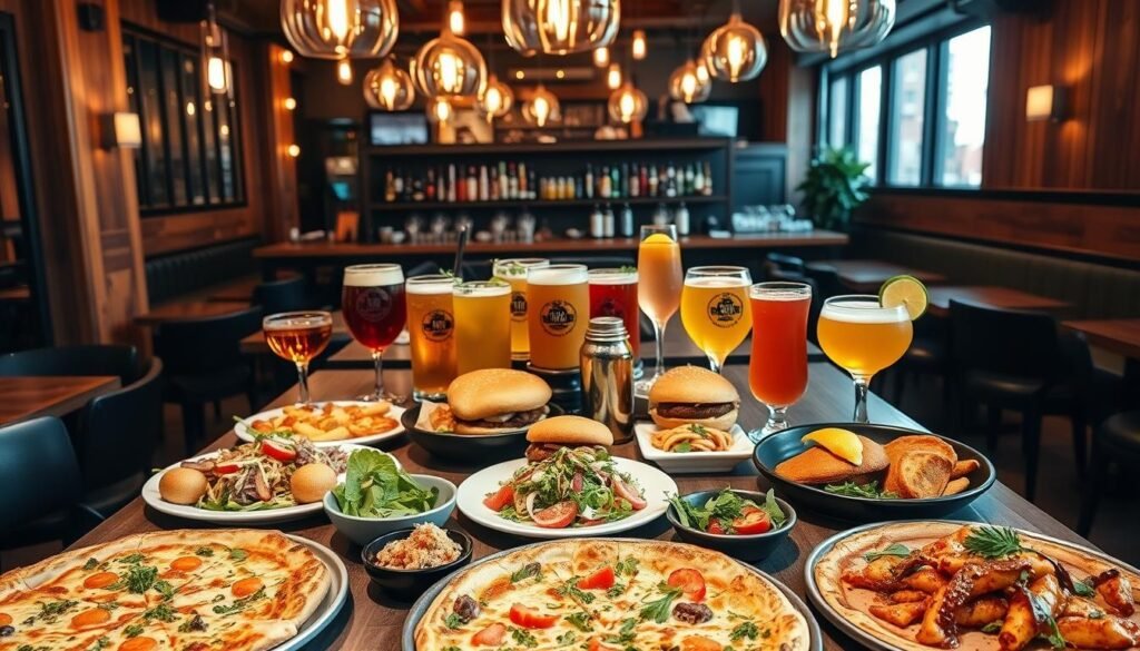 A beautifully arranged table showcasing a diverse menu from The Yard House NYC. In the foreground, a vibrant collection of dishes, including artisan pizzas, fresh salads, gourmet burgers, and colorful appetizers, all garnished with herbs and sauces. The middle layer features stylish drink options, with craft beers displayed in elegant glasses, and fresh cocktails garnished with fruit. The background captures the lively atmosphere of the restaurant, with warm lighting hanging above, creating an inviting glow. Soft wooden textures and modern decor enhance the cozy vibe. Use a wide-angle lens to encompass the entire scene, ensuring a dynamic composition that reflects excitement and variety. Overall, the mood should be festive and inviting, perfect for showcasing the culinary delights at The Yard House. A beautifully arranged table showcasing a diverse menu from The Yard House NYC. In the foreground, a vibrant collection of dishes, including artisan pizzas, fresh salads, gourmet burgers, and colorful appetizers, all garnished with herbs and sauces. The middle layer features stylish drink options, with craft beers displayed in elegant glasses, and fresh cocktails garnished with fruit. The background captures the lively atmosphere of the restaurant, with warm lighting hanging above, creating an inviting glow. Soft wooden textures and modern decor enhance the cozy vibe. Use a wide-angle lens to encompass the entire scene, ensuring a dynamic composition that reflects excitement and variety. Overall, the mood should be festive and inviting, perfect for showcasing the culinary delights at The Yard House.
