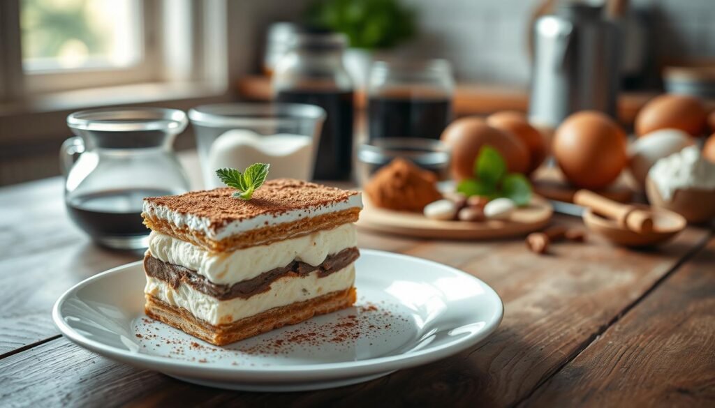 A beautifully arranged tiramisu sits elegantly on a rustic wooden table, showcasing its layered texture of mascarpone and coffee-soaked ladyfingers. The foreground features a slice of tiramisu on a delicate white plate, garnished with a dusting of cocoa powder and a sprig of mint. In the middle ground, a glass bowl filled with fresh coffee and an assortment of baking ingredients like cocoa powder, sugar, and eggs accentuates the preparation context. The background reveals a soft-focus kitchen setting, bathed in warm, natural light that creates a cozy atmosphere. A shallow depth of field enhances the focus on the tiramisu, evoking a sense of deliciousness and inviting viewers to explore the recipe's nuances and its impact on shelf life.