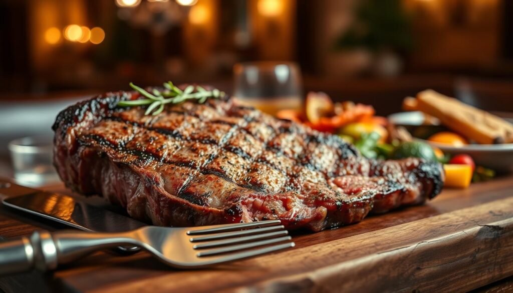 A beautifully marbled bone-in ribeye steak, perfectly grilled to a medium-rare finish, displaying a rich crust with grill marks. The steak is presented on a rustic wooden cutting board, garnished with fresh herbs like rosemary and thyme for an earthy touch. In the foreground, a polished steak knife and fork rest beside the steak, hinting at a sumptuous dining experience. In the middle ground, a carefully arranged side of roasted seasonal vegetables adds vibrant colors. The background features a softly blurred hint of an upscale dining atmosphere, with warm lighting emanating from elegant fixtures, creating an inviting ambiance. The scene captures a tantalizing, mouth-watering essence, appealing to steak lovers and food enthusiasts alike. A beautifully marbled bone-in ribeye steak, perfectly grilled to a medium-rare finish, displaying a rich crust with grill marks. The steak is presented on a rustic wooden cutting board, garnished with fresh herbs like rosemary and thyme for an earthy touch. In the foreground, a polished steak knife and fork rest beside the steak, hinting at a sumptuous dining experience. In the middle ground, a carefully arranged side of roasted seasonal vegetables adds vibrant colors. The background features a softly blurred hint of an upscale dining atmosphere, with warm lighting emanating from elegant fixtures, creating an inviting ambiance. The scene captures a tantalizing, mouth-watering essence, appealing to steak lovers and food enthusiasts alike.