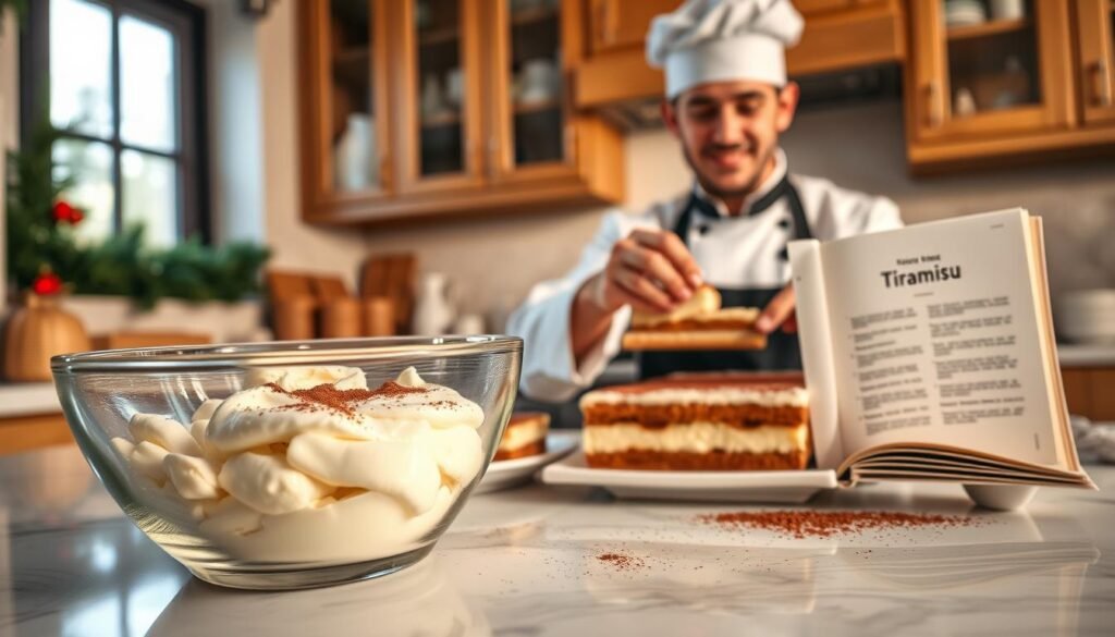 A beautifully styled kitchen countertop showcasing the process of making tiramisu. In the foreground, a clear glass bowl filled with creamy mascarpone cheese, alongside a plate of coffee-soaked ladyfingers and a dusting of cocoa powder. The middle of the scene features a chef in professional attire, carefully layering the ingredients for the tiramisu, with a focused and cheerful expression. The background reveals an inviting kitchen with warm, soft lighting, highlighting wooden cabinets and a rustic recipe book open to a tiramisu page. A window filters in natural light, creating a cozy and festive atmosphere, perfect for planning ahead for parties and holidays. The image evokes a sense of home and celebration.