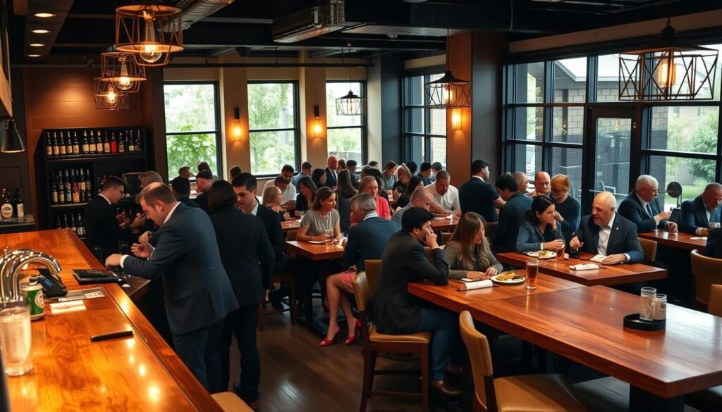A cozy and inviting Yard House restaurant interior scene, showcasing a warm ambiance with soft, ambient lighting. In the foreground, a sleek wooden bar is adorned with a variety of craft beers and cocktails, reflecting the essence of a casual dining experience. The middle ground features a diverse group of patrons enjoying meals together, all dressed in professional business attire and casual outfits, engaging in vibrant conversations. The background reveals modern decor with large, stylish windows allowing natural light to filter in, showcasing outdoor greenery. The overall atmosphere is lively yet relaxed, perfectly capturing the essence of a social dining space, ideal for using a gift card.