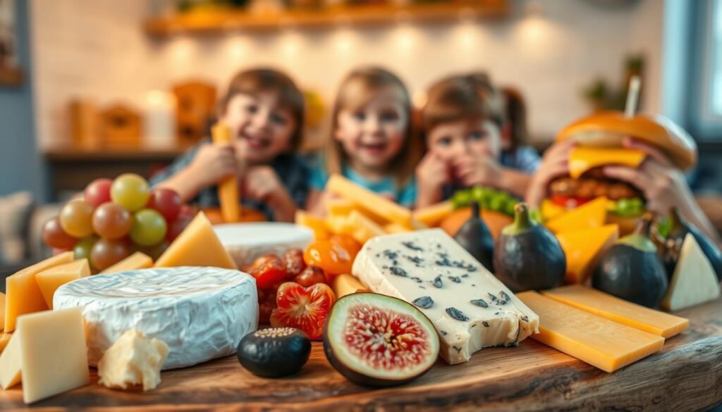 A delicious assortment of cheeses spread across a rustic wooden cheese board, featuring a variety of textures and colors. In the foreground, a creamy Brie with a delicate white rind sits beside sharp cheddar cubes, vibrant orange gouda, and tangy blue cheese. Freshly sliced fruits like grapes, apples, and figs accentuate the board, adding a pop of color. In the middle ground, a soft-focus shot of kids enjoying flavorful cheese sticks and mini cheeseburgers, creating a fun and family-friendly atmosphere. The background includes a warm, inviting kitchen setting with soft, ambient lighting that enhances the coziness of the scene. Capture the joy of sharing delightful cheesy dishes in a way that invites viewers to appreciate delicious takeout options.