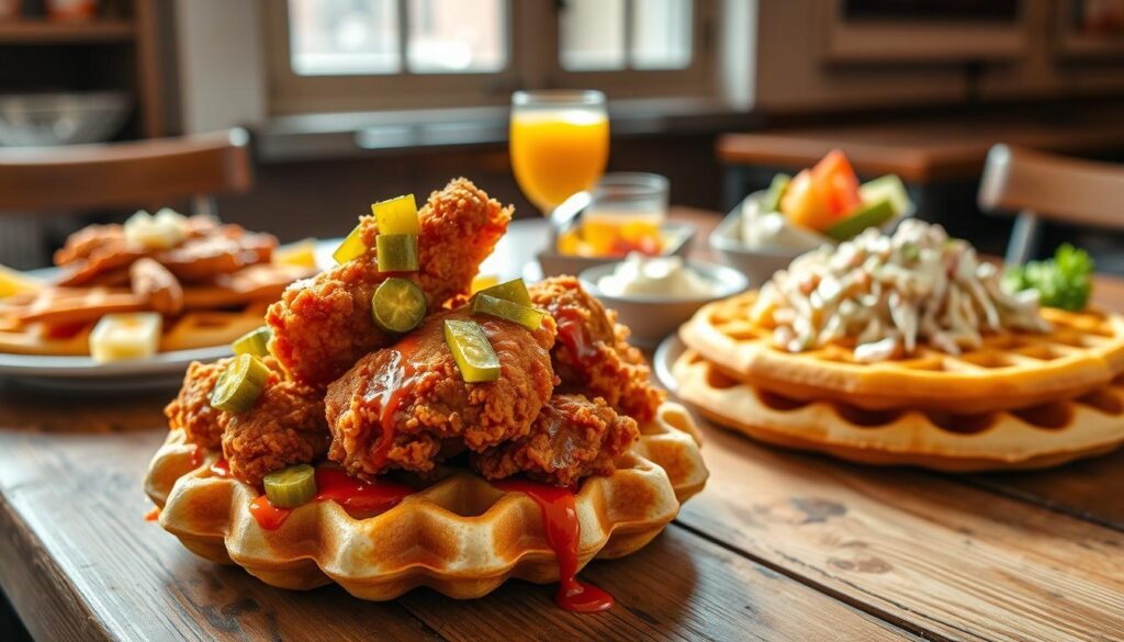 A lavish brunch setting featuring a generous serving of Nashville hot chicken, artfully presented on a rustic wooden table. In the foreground, the golden-brown fried chicken is garnished with vibrant pickles and drizzled with a spicy sauce, surrounded by fluffy waffles and a side of creamy coleslaw. In the middle ground, a glass of freshly squeezed orange juice and a plate of colorful fruit complement the dish. The background includes soft, natural light streaming through a nearby window, creating a warm and inviting atmosphere. Use a shallow depth of field to focus on the food, capturing intricate textures and details, while keeping the background slightly blurred. The overall mood is cheerful and appetizing, perfect for a brunch experience.
