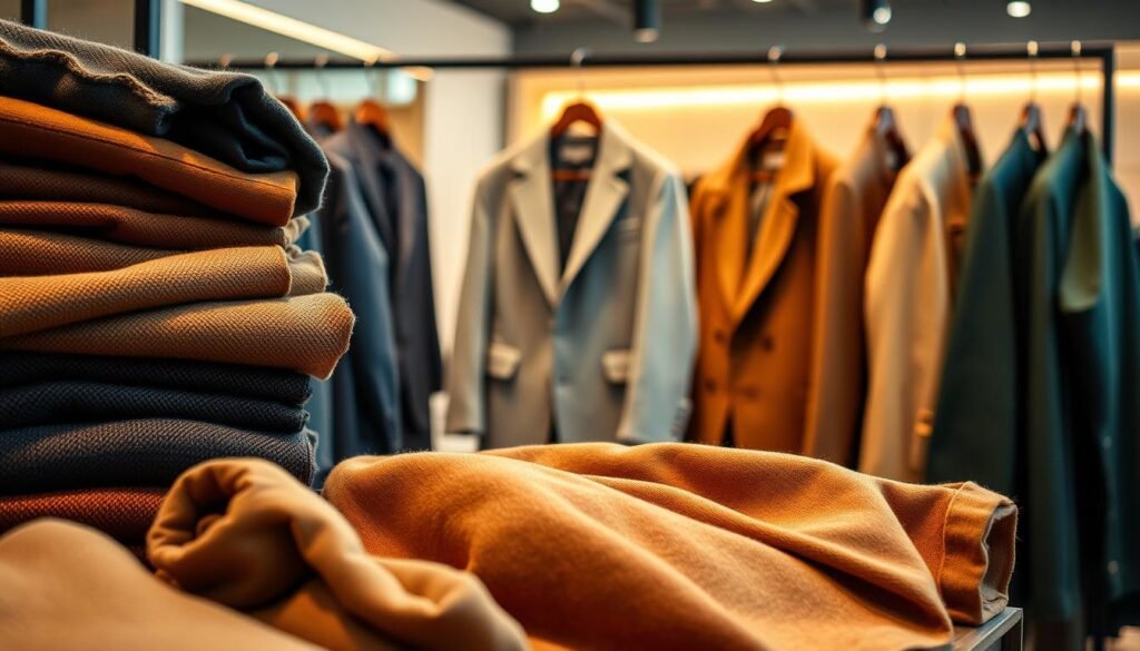 A sophisticated arrangement of layered fabrics showcasing all-season versatility suitable for men's fashion. In the foreground, a collection of rich textiles such as wool, linen, and cotton, arranged in various textures and colors—earthy tones of brown, navy, and olive green—symbolizing elegance and comfort. The middle ground features a stylish display of tailored outfits hung on sleek, minimalist hangers, each outfit representing a distinct layering technique suitable for different seasons. The background is softly blurred, hinting at a modern, chic clothing store with warm, inviting lighting creating an atmosphere of relaxation and style. The lens captures the scene from a slightly elevated angle, focusing on the textures of the fabrics while evoking a sense of contemporary fashion sophistication.