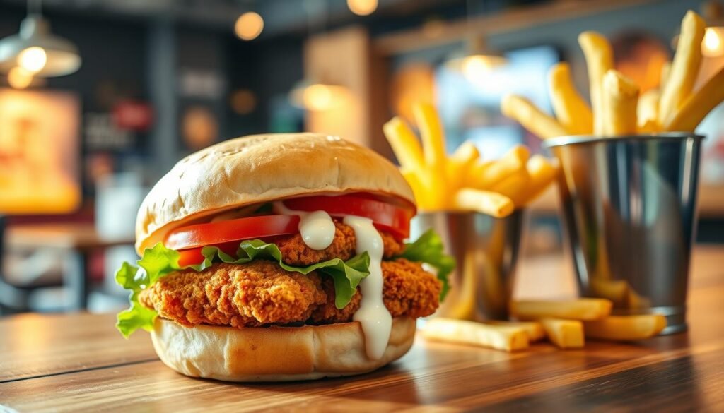 A succulent chicken sandwich sits prominently in the foreground, featuring a crispy, golden-brown breaded chicken breast nestled between fluffy, lightly toasted brioche buns. The sandwich is generously topped with fresh lettuce, sliced tomatoes, and a drizzle of creamy mayo, emphasizing vibrant colors. On the side, there are crispy golden fries presented in a stylish metal cup, adding a touch of modern dining. In the middle ground, a wooden table reflects a softly blurred setting of a lively eatery. The lighting is warm and inviting, creating an appetizing glow around the sandwich. Shot at a slight angle with a focus on the sandwich, the image captures the essence of enjoying a delicious handheld meal in a bustling restaurant atmosphere, conveying a sense of warmth and comfort. A succulent chicken sandwich sits prominently in the foreground, featuring a crispy, golden-brown breaded chicken breast nestled between fluffy, lightly toasted brioche buns. The sandwich is generously topped with fresh lettuce, sliced tomatoes, and a drizzle of creamy mayo, emphasizing vibrant colors. On the side, there are crispy golden fries presented in a stylish metal cup, adding a touch of modern dining. In the middle ground, a wooden table reflects a softly blurred setting of a lively eatery. The lighting is warm and inviting, creating an appetizing glow around the sandwich. Shot at a slight angle with a focus on the sandwich, the image captures the essence of enjoying a delicious handheld meal in a bustling restaurant atmosphere, conveying a sense of warmth and comfort.