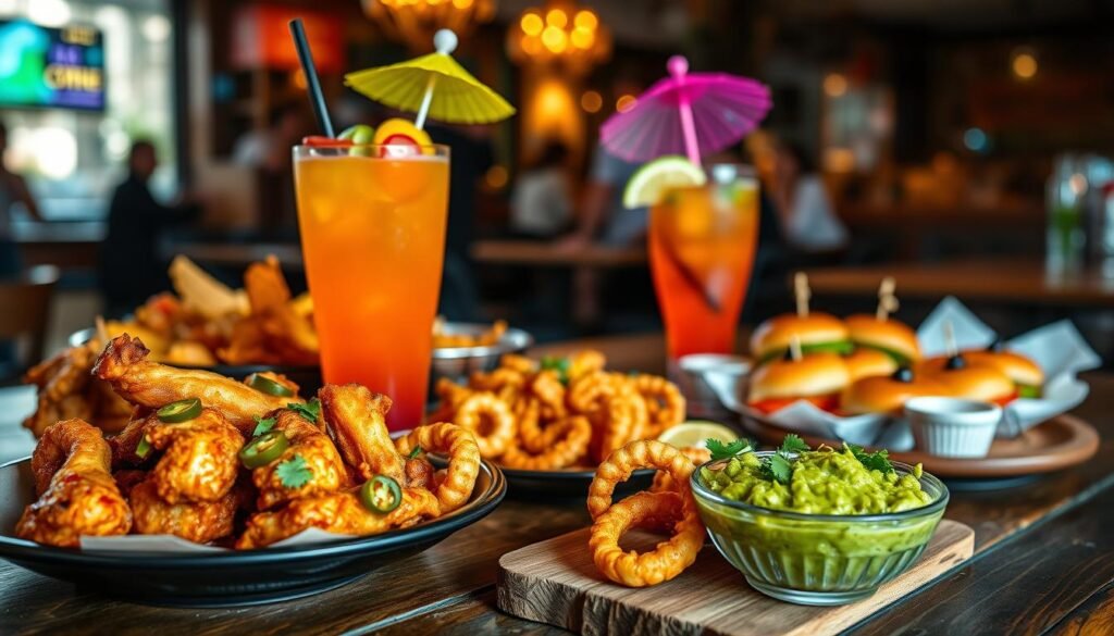 A vibrant and inviting display of happy hour appetizers set on a rustic wooden table, featuring an array of colorful dishes like crispy chicken wings, loaded nachos with jalapeños and melted cheese, and freshly baked sliders. In the foreground, a platter of crispy calamari with a side of tangy dipping sauce and a bowl of guacamole garnished with cilantro. The middle section showcases a vibrant cocktail in a stylish glass, adorned with fresh fruit slices and a festive umbrella, exuding a cheerful ambiance. Soft, warm lighting illuminates the scene, creating a friendly and relaxed atmosphere. The background includes blurred silhouettes of a lively restaurant setting, enhancing the social vibe without distracting from the appetizers.