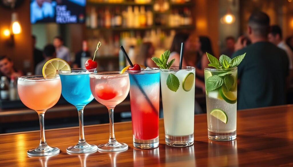 A vibrant and inviting display of happy hour cocktails arranged on a polished wooden bar. In the foreground, three colorful cocktails in elegant glasses: a bright pink strawberry daiquiri adorned with a slice of lime, a refreshing blue curaçao cocktail garnished with a cherry, and a classic mojito with fresh mint leaves and a lime wedge. The middle ground features a well-stocked bar with various bottles of spirits, reflecting light through the glass. Soft, warm lighting creates a cozy atmosphere, reflecting a lively yet relaxed setting, perfect for socializing. In the background, blurred outlines of patrons enjoying their drinks and laughter can be seen, enhancing the sense of camaraderie in a lively environment. The scene is captured with a slightly tilted angle, emphasizing the cocktails and inviting energy of happy hour.