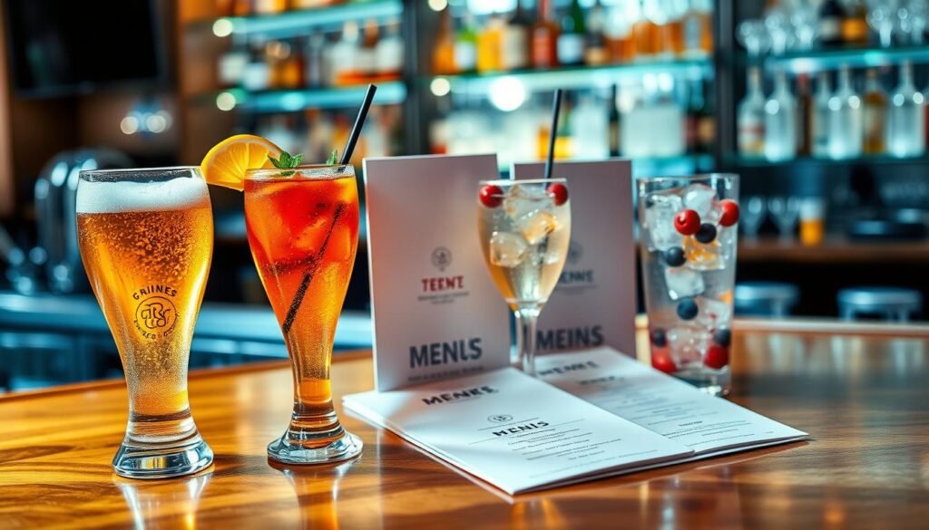 A vibrant assortment of drinks arranged elegantly on a polished wooden bar top. In the foreground, a frosty glass of draft beer with a golden hue and a foamy head, next to a colorful cocktail garnished with a slice of citrus and a sprig of mint. A sparkling zero-proof drink in a sleek glass filled with ice and fresh berries adds a refreshing touch. In the middle, stylishly crafted drink menus are slightly fanned out, showcasing enticing drink options. The background features soft, ambient lighting with blurred shelves of various liquors and glassware shimmering, creating a cozy yet lively atmosphere. The scene is captured with a warm, inviting tone, suggesting a bustling yet relaxed environment perfect for enjoying drinks with friends.