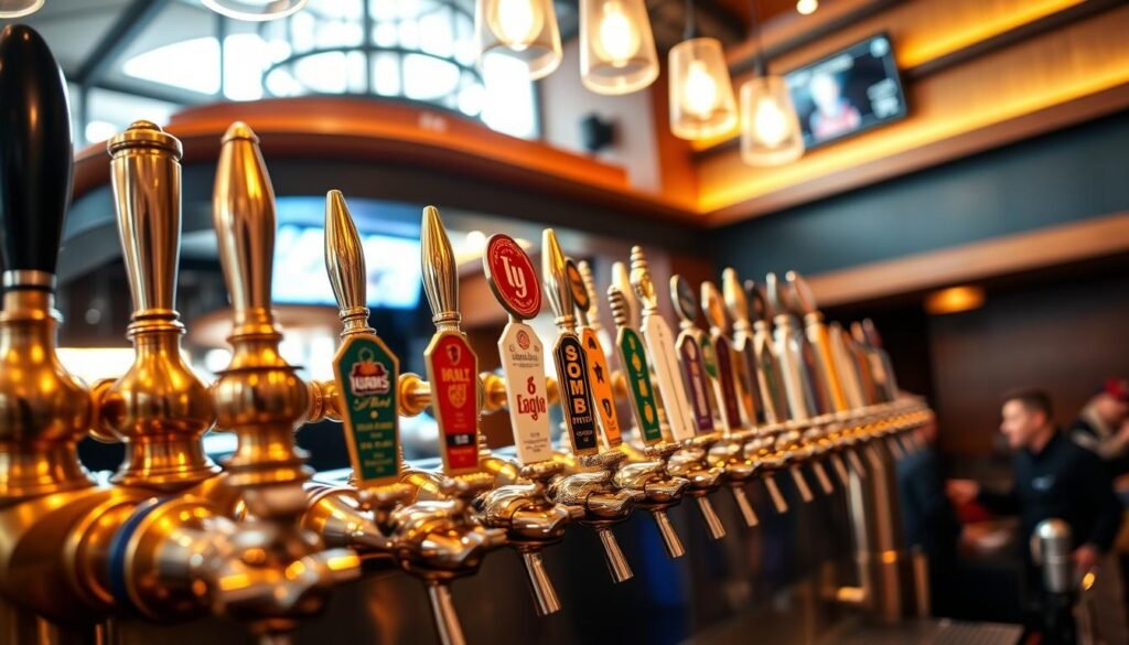 A vibrant, close-up scene of a beer tap setup at the Yard House in the American Dream Mall, showcasing over a hundred unique tap handles in an array of colors and designs. The foreground features polished brass and chrome beer taps, glistening under soft, warm overhead lighting, creating an inviting atmosphere. In the middle, the rows of tap handles display various brand labels and logos, demonstrating the variety available. The background reveals a stylish bar environment with wood accents and a lively ambiance, subtly blurred to emphasize the taps. The image captures the excitement and diversity of craft beers available, inviting viewers to experience the energetic vibe of this bustling venue.