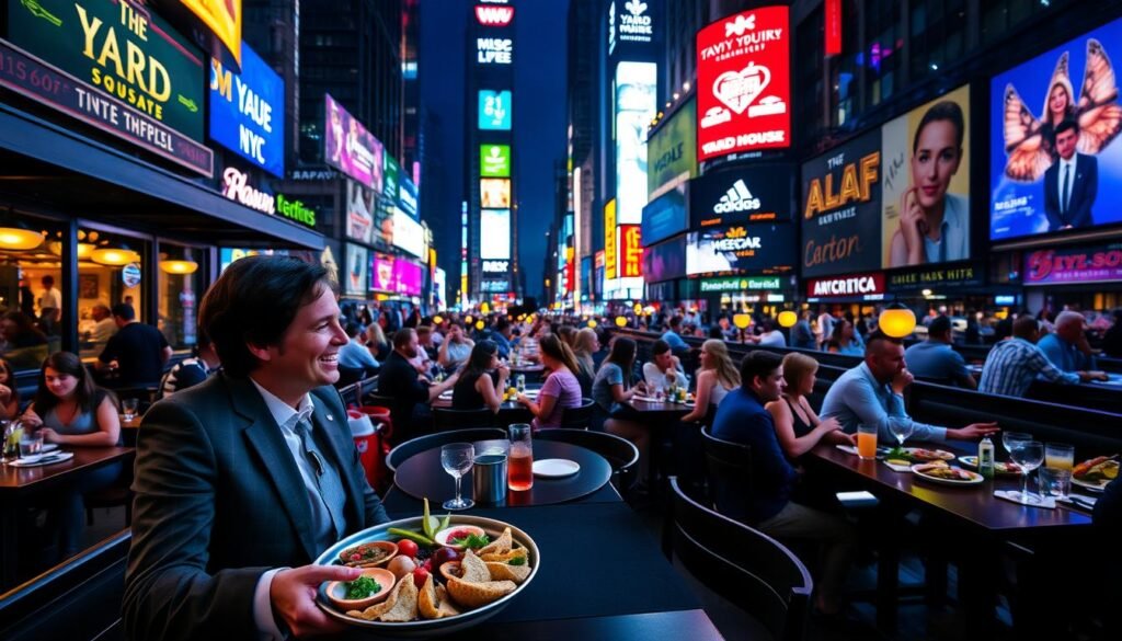 A vibrant dining scene in Times Square, showcasing the outdoor patio of The Yard House NYC, bustling with patrons enjoying a meal. In the foreground, a well-dressed couple share a plate of assorted appetizers, animatedly discussing the lively atmosphere around them. The middle ground features tables adorned with colorful dishes and drinks, surrounded by friends and couples in casual yet stylish attire. The background captures the iconic neon lights and billboards of Times Square, casting a warm, inviting glow over the scene at dusk. Emphasize a sense of excitement and camaraderie with soft, ambient lighting that enhances the inviting aura of fine dining amidst the urban energy. The perspective should be slightly elevated, offering a comprehensive view of the restaurant's outdoor experience. A vibrant dining scene in Times Square, showcasing the outdoor patio of The Yard House NYC, bustling with patrons enjoying a meal. In the foreground, a well-dressed couple share a plate of assorted appetizers, animatedly discussing the lively atmosphere around them. The middle ground features tables adorned with colorful dishes and drinks, surrounded by friends and couples in casual yet stylish attire. The background captures the iconic neon lights and billboards of Times Square, casting a warm, inviting glow over the scene at dusk. Emphasize a sense of excitement and camaraderie with soft, ambient lighting that enhances the inviting aura of fine dining amidst the urban energy. The perspective should be slightly elevated, offering a comprehensive view of the restaurant's outdoor experience.