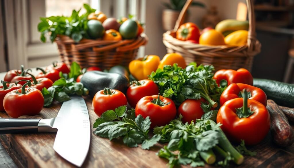 A vibrant display of fresh ingredients laid out on a rustic wooden table, featuring an array of colorful vegetables including ripe tomatoes, crisp cucumbers, fragrant herbs like basil and cilantro, and bright bell peppers. In the foreground, a gleaming chef's knife rests beside a cutting board, hinting at the culinary magic ahead. The middle ground highlights a beautiful basket overflowing with seasonal fruits, including avocados, oranges, and strawberries, all freshly harvested. In the background, soft natural light pours in through a nearby window, casting gentle shadows and creating an inviting, warm atmosphere. The scene captures the essence of freshness and creativity, perfect for a culinary context. No text, logos, or watermarks are present.
