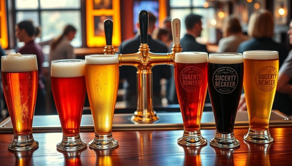 A vibrant draft beer selection displayed in a stylish bar setting. In the foreground, several tall, frosty glasses filled with various draft beers, showcasing rich colors like amber, golden yellow, and deep brown, with foamy heads glistening under soft, warm bar lights. The middle ground features a polished wooden bar top with a shiny brass tap system, adorned with different beer tap handles that reveal unique labels. In the background, blurred silhouettes of patrons enjoying their drinks, with soft ambient lighting creating a cozy atmosphere, accentuated by warm tones. The image should evoke a lively and inviting ambiance, perfect for drinks with friends, captured from a slightly elevated angle to emphasize the selection. A vibrant draft beer selection displayed in a stylish bar setting. In the foreground, several tall, frosty glasses filled with various draft beers, showcasing rich colors like amber, golden yellow, and deep brown, with foamy heads glistening under soft, warm bar lights. The middle ground features a polished wooden bar top with a shiny brass tap system, adorned with different beer tap handles that reveal unique labels. In the background, blurred silhouettes of patrons enjoying their drinks, with soft ambient lighting creating a cozy atmosphere, accentuated by warm tones. The image should evoke a lively and inviting ambiance, perfect for drinks with friends, captured from a slightly elevated angle to emphasize the selection.