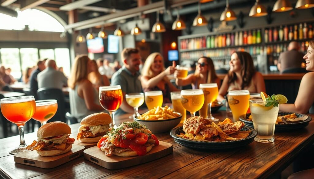 A vibrant happy hour scene at a stylish Yard House location in Tampa. In the foreground, a beautifully arranged wooden table with a variety of appetizing appetizers, such as sliders and loaded nachos, alongside colorful cocktails and craft beers. Glasses glisten with condensation, reflecting warm golden light. In the middle, casually dressed patrons, wearing summer clothing, laugh and enjoy their time together, creating a lively atmosphere. Some are toasting with their drinks. In the background, the bar area is well-lit, showcasing a variety of beer taps and a vibrant atmosphere with friends socializing. The overall mood is cheerful and inviting, with soft, warm lighting creating a welcoming ambiance. Shot from a slight angle to capture the depth of the scene.
