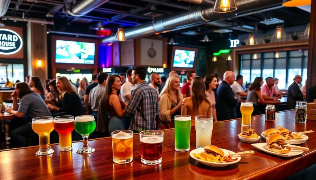 A vibrant, inviting Yard House interior during happy hour, showcasing a diverse group of patrons enjoying their beverages and appetizers. In the foreground, a polished wooden bar with colorful craft beers and cocktails, garnished beautifully, alongside small plates of delicious appetizers like sliders and nachos. Middle ground features patrons of various backgrounds, dressed in casual yet tidy attire, laughing and chatting, creating a warm, friendly atmosphere. In the background, stylish décor with lively lighting and large screens displaying sports adds to the experience. The scene is illuminated with soft, ambient lighting that conveys a fun and relaxed mood, captured from a slightly elevated angle for a comprehensive view of the happy hour ambiance.