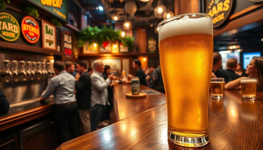 A vibrant, inviting scene inside a bustling Yard House in New York, featuring a polished wooden bar lined with a diverse selection of craft beers on tap. In the foreground, a close-up view of a frosty pint of golden ale, condensation glistening on the glass, with foam bubbling at the rim. The middle ground showcases patrons enjoying their drinks, dressed in smart casual attire, engaged in lively conversation. In the background, warm ambient lighting illuminates stylish decor, with vintage beer advertisements and greenery, creating a cozy atmosphere. The camera angle is slightly angled to capture the depth of the bar and the excitement of the energetic crowd. Emphasize a convivial and communal mood that embodies the beer culture of New York.