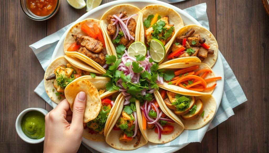 A vibrant overhead view of a beautifully arranged platter of street tacos showcasing an array of colorful fillings such as grilled chicken, carne asada, and roasted vegetables, garnished with bright green cilantro and wedges of lime. The foreground features a hand reaching for a taco, with a hint of fresh salsa in a small bowl nearby. In the middle, the platter bursts with colors—red, green, and yellow from toppings and sides like guacamole and pickled onions. The background displays a rustic wooden table setting, with soft natural lighting creating a warm, inviting atmosphere. The image captures a sense of casual dining ideal for sharing, evoking a feeling of excitement and variety, perfect for a culinary exploration.