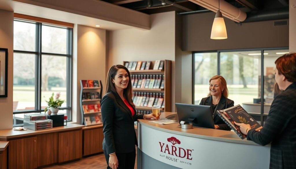 A welcoming guest relations office with a warm and inviting atmosphere. In the foreground, a friendly female customer service representative, dressed in professional business attire, is engaged in a pleasant conversation with a customer at a sleek counter adorned with a Yard House logo. In the middle, visible shelves filled with neatly organized gift cards and promotional materials highlight the focus on gift card services. The background features calming decor with soft lighting, perhaps a large window showing a view of a park, enhancing the welcoming vibe. The ambiance is bright, with natural light filtering in, creating a friendly and approachable environment, evoking a sense of support and assistance. The overall mood is friendly and professional, emphasizing customer care.