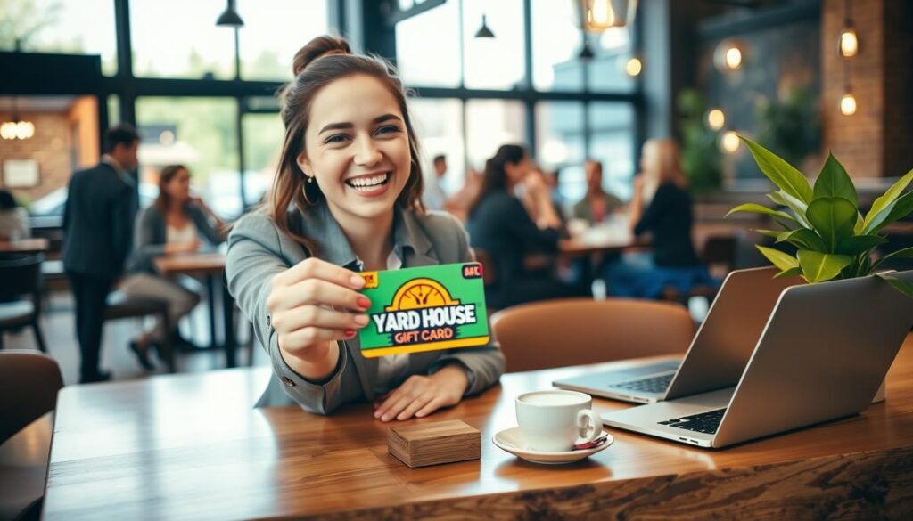 A young adult woman, dressed in smart casual attire, is joyfully holding a colorful Yard House gift card in a stylish café setting. In the foreground, her facial expression radiates excitement and anticipation. The middle ground features a polished wooden table adorned with a laptop, a cup of coffee, and a vibrant plant, emphasizing a modern, inviting atmosphere. The background showcases a bustling café ambiance with soft lighting, highlighting patrons chatting and enjoying their time. The scene is captured with warm, natural light coming from large windows, creating an uplifting, friendly vibe. The angle is slightly tilted to bring focus to the woman and the gift card, illustrating the experience of buying and sending gift cards in the United States.